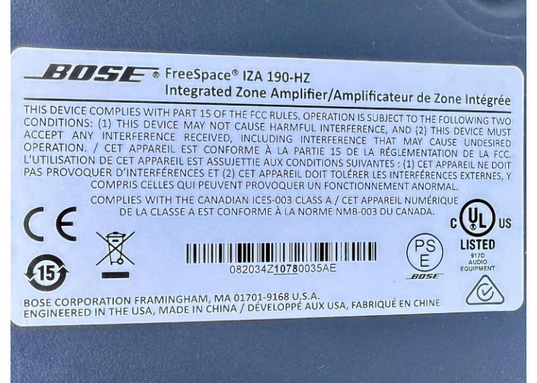 Bose FreeSpace IZA 190-HZ Integrated Zone Power Amplifier w/ Power Cable