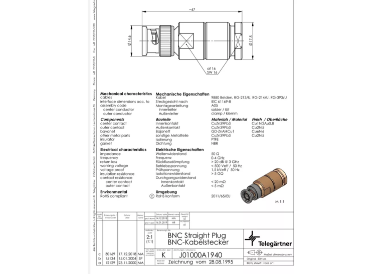 Telegartner BNC-Kabelstecker J01000A1940 Telegartner BNC-Kabelstecker J01000A1940